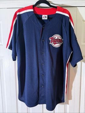 2010 era Majestic Navy Red White Minnesota Twins Baseball Jersey